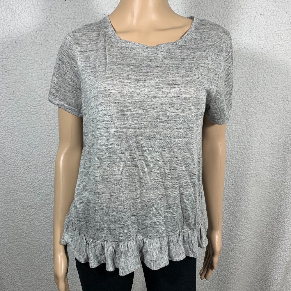 J. Crew Womens Ruffle Linen Top Blouse Sz M Gray Short Sleeve Preppy Office